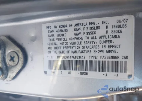 2007 Honda Accord 2.4 Vp from USA, damaged, VIN 1HGCM56147A163447